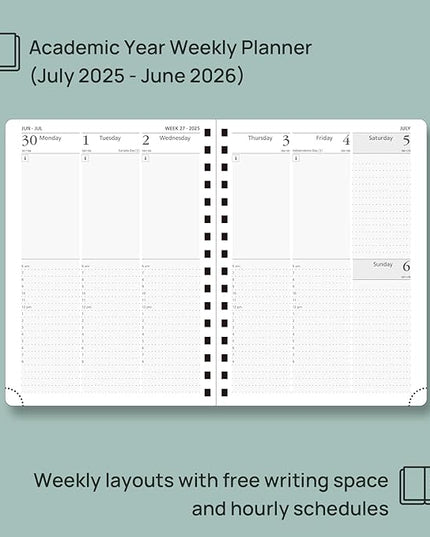 POPRUN Academic Planner 2025-2026 (July 2025-June 2026), Daily Weekly and Monthly Appointment Book (Wirebound Hard Cover - 6.25'' x 8.5'') with Hourly Time Slots, Tabs, 100 GSM - Pacific Green
