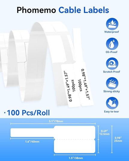 Phomemo Thermal Cable Labels M110-300 Pcs Wire Labels 1" x 1.5" + 1.6" T (25x38+40mm) for Phomemo M110/M100/M220/M260/M250/M221 Label Maker, for Management, Cord Tags for Electronics, Black on White