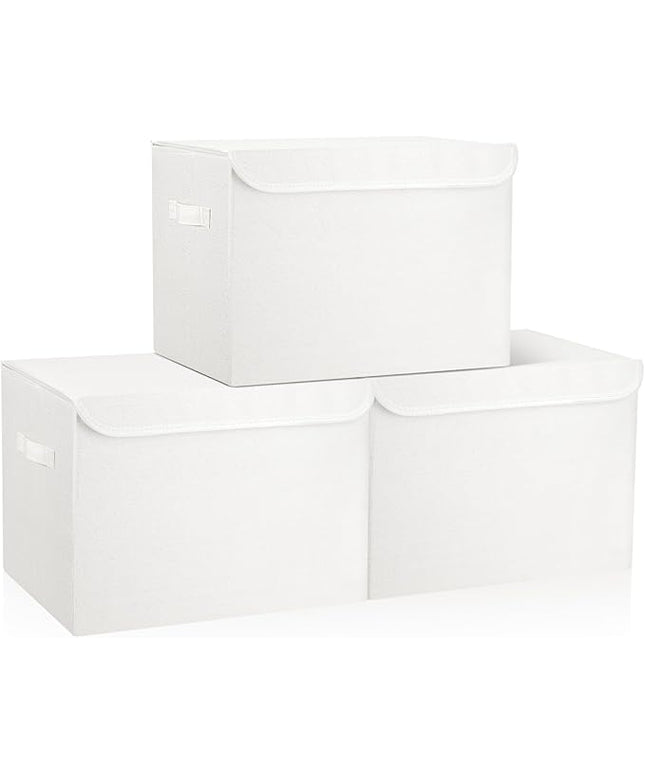 Large 17" 42 Quarts Collapsible Stackable Storage Bins with Lids [3-Pack] Foldable Fabric Linen Storage Boxes Cube, Closet Organizer Baskets with Label (16.7 x 12 x 12, White)