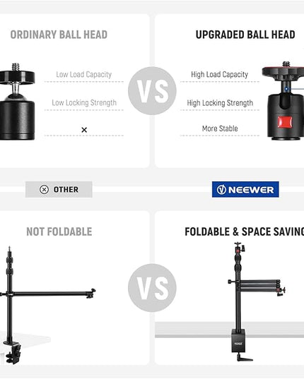 NEEWER Upgraded Overhead Camera Rig with Trifold Camera Boom Arm (Max Load 2lb), 47"/1.2m Telescopic Desk Mount Stand (Max Load 8.8lb) with Phone Clamp Ball Head for LED Light Webcam Mic, TL253A+MH022