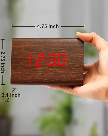 OCT17 Wooden Wood Clock, New Version LED Alarm Digital Desk Clock Adjustable Brightness, Alarm Time, Displays Time Date Temperature - Brown
