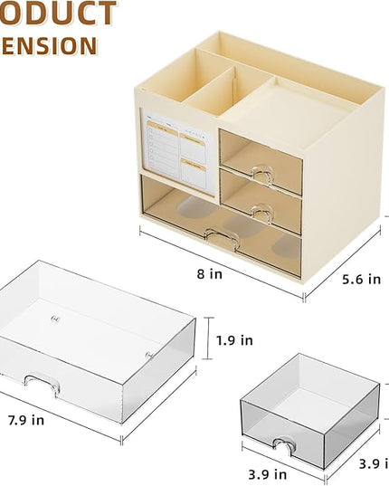 Marbrasse Desk Organizer with 3 Drawer, Multi-Functional Pencil Pen Holder for Desk, Desktop Organizer Storage for Office Home Art Supplies (Beige)