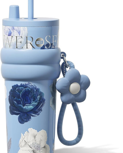 24 oz Stainless Steel Tumbler with Lid and Straw, Insulated Coffee Mug, Leak Proof, Portable Iced Travel Water Bottle, Reusable Thermal Coffee Cup, Floral Blue