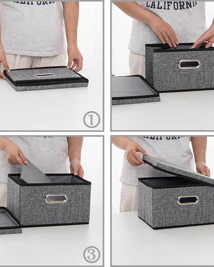 PRANDOM Storage Bins with Lids [3-Pack] Linen Fabric Foldable Storage Boxes Organizer Containers Baskets Cube with Cover for Home Bedroom Closet Office Nursery Grey（11.4X8.6X6.7