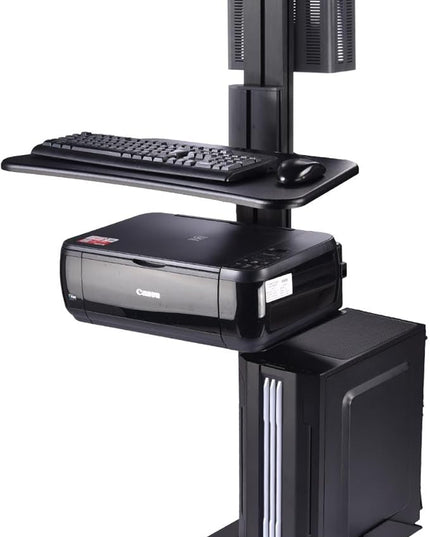 Yescom Mobile Computer Cart Rolling PC Stand Desk Workstation on Wheels with Monitor Mount Adjustable Keyboard Tray CPU Printer Holder for Hospital Clinic School Office Black