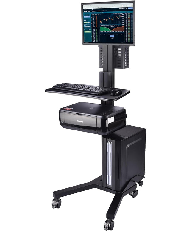 Yescom Mobile Computer Cart Rolling PC Stand Desk Workstation on Wheels with Monitor Mount Adjustable Keyboard Tray CPU Printer Holder for Hospital Clinic School Office Black