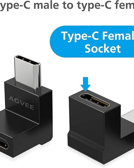 AGVEE 4 Pack Front Angle 90 Degree USB-C Male to USB-C Right Angled Female Adapter (Type-C 3.2 Gen 2) Converter Video Type-C 10G Data Extension Coupler Converter Connector, Black