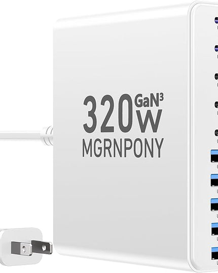 320W USB C Charger Block, 10-Port USB C Charging Station GaN III PD 65W Laptop Fast Charger Adapter for MacBook Pro/Air, DELL, iPad, iPhone, Samsung Galaxy White