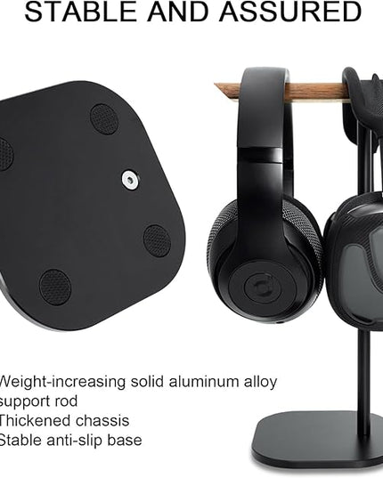 Gvoears Upgraded Headphone Stand, Walnut Wood Headphone Stands Headset Holder for Desk, Support Dual Headsets Suspension, Aluminum Alloy Support Rod Hanger, Dual Headphones Stand with Great Stablity