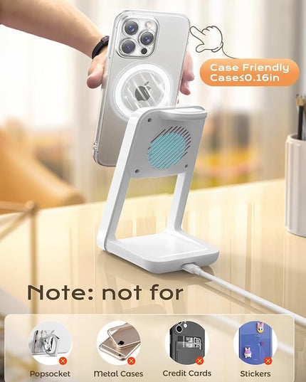 3 in 1 Charging Station for iPhone, Magsafe Wireless Charger with Cooling Fan for iPhone 17 16e 16 15 14 13 12 Series & Apple Watch Charger, Wireless Charging Station for AirPods 4/3/Pro (White)