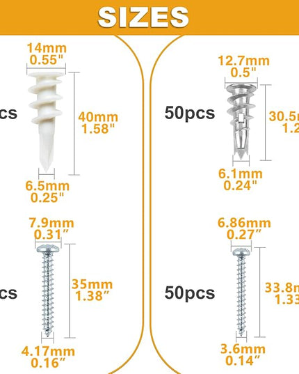 KURUI Self Drilling Drywall Anchors Assortment Kit, 200PCs Picture Hanging Kit for Frame,Curtain Rods,Art Hanging, 100PCs #6 Heavy Duty Metal Dry Wall Anchors 100PCs #8 Plastic Drywall Hangers