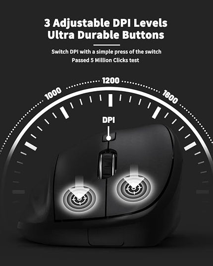 Ergonomic Wireless Mouse with USB Receiver for PC Computer, Laptop and Desktop, Ergo Mouse Vertical with Silent Clicks Long Battery Life, Up to 1600 DPI & 1 AA Battery Powered, Black