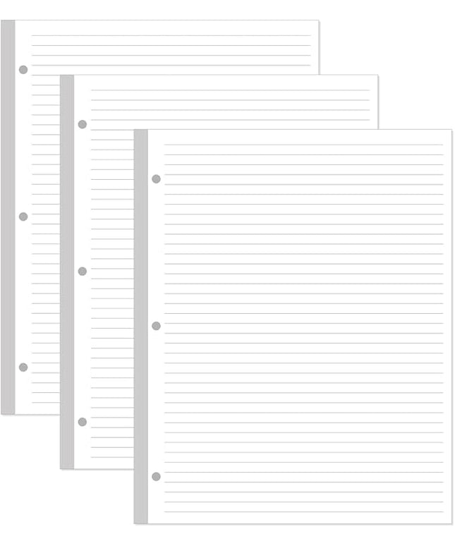 (3-Pack) 3-Hole Line Paper Refills, Letter Size Loose-Leaf Paper, 300 Sheets/600 Pages, 100gsm White Paper, 8.5'' x 11''