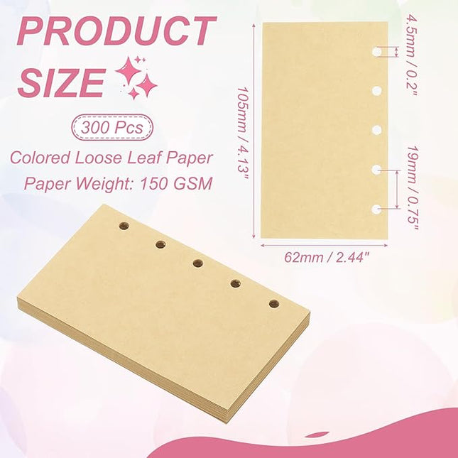 PATIKIL Colored Loose Leaf Paper, 4.1" x 2.5"(A8) 300 Sheets 5 Holes Punched 150GSM Blank Binder Refill Paper Supplies for Office Note Taking Teacher Planner Journal Notebook, Khaki