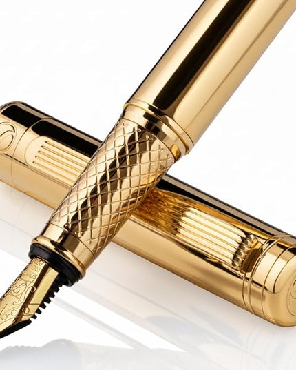 Scriveiner Luxury Fountain Pen - Stunning Luxury Pen, Real Gold Finish, Schmidt Gilded Nib (Fine), Converter, Best Pen Gift Set for Men & Women, Professional, Executive, Office, Nice Pens