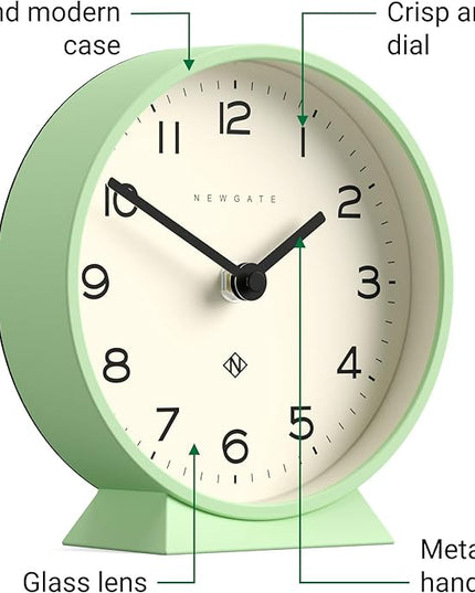 NEWGATE® M Mantel Echo Desk Clock | Modern Round Design | Neo Mint Green | Easy to Read Numbers | Contemporary Style for Desk, Table, Shelf or Bedside