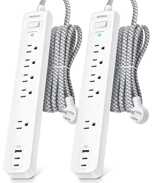 6Ft Power Strip Surge Protector, Flat Extension Cord - Outlet Extender with 2 USB C 5 Wildely AC Outlets, Flat Plug, Desktop Charging Station for College Dorm Room Essentials, White