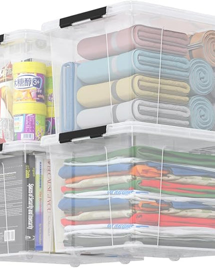 Zopnny 4-Pack Christmas Storage Totes with Lids 24-Quart, Holiday Organizer, Plastic Stackable Storage Boxes for Home,Office,Garage,Basement, Clear