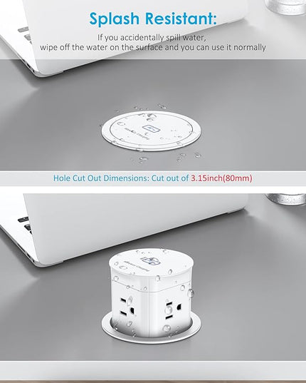 Jgstkcity Pop Up Outlet with 15W Wireless Charger,4 Outlets 15A, Splash Resistant,3 inch Desk Hole Power Grommet,Space Saver Outlet for Kitchen Countertop,Office Conference Table,ETL Listed