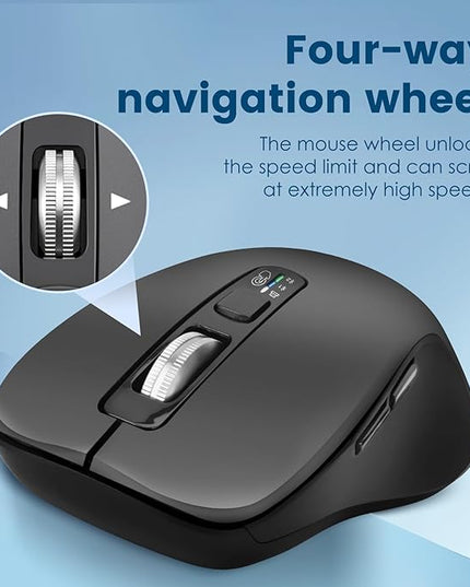 Wireless Bluetooth Mouse (USB + BT1 + BT2), Full Size Mouse, 4-Way Scrolling, Multi-Device Silent for Computer, Laptop, iPad, MacBook (Grey)