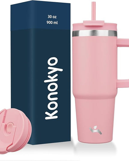 30 oz Tumbler with Handle and 2 Straws,2 in 1 Lid Insulated Water Bottle Stainless Steel Travel Coffee Mug,Pink
