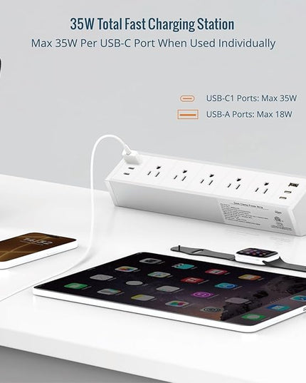 Tecmojo Desk Clamp Power Strip 5 Outlet with 2 USB A and 4 USB C Ports, 6 ft Cord, Desk Outlet Station Fit 1.6" Tabletop Edge,Over Loading Protection,ETL Listed,White