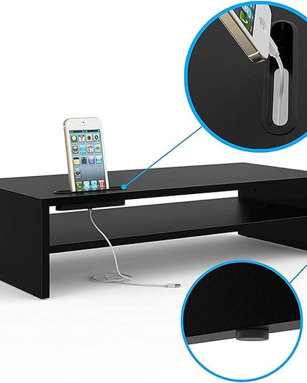 BONTEC Wood Monitor Stand Riser, 2-Tier Desktop Organizer with Storage, Ergonomic Computer Stand for Desk, Cable Management, Cellphone Holder, 21.3 Inch Shelf, Black