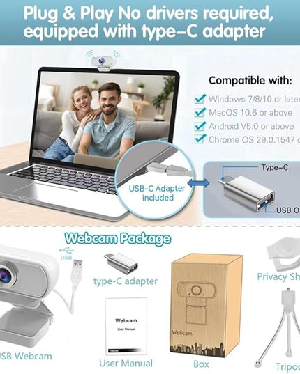 usb c webcam 1080P Webcam,Live Streaming Web Camera with Stereo Microphone, Desktop or Laptop USB Webcam 110 Degree View Angle, HD Web cam for Switch 2,Video Calling, Recording, Conferencing, Gaming