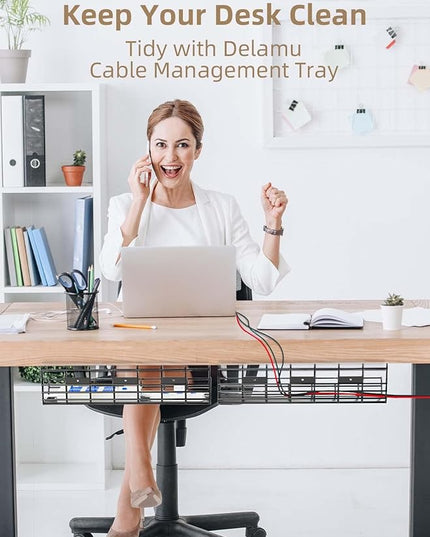 2 Pack DELAMU Under Desk Cable Management Tray, Large Metal Cord Organizer, Office & Home Cord Wire Management Under Desk Shelf, Easy Install Pre-drilled Cable Organizer, Black