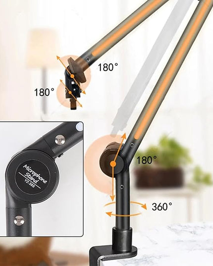 Desk Microphone Arm Stand, 360 Degree Adjustable Metal Boom Arm Mic Desk Stand with RGB Light for Live Gaming Broadcasting Recording, Singing and TV Stations