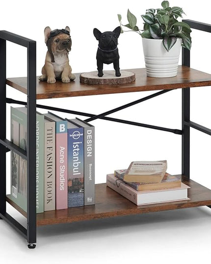 CAPHAUS 2 Tier Small Bookshelf, 24 Inch Width Free Standing Shelf, Bookcase Shelf Storage Organizer, Industrial Book Shelves for Home Office, Living Room, Rustic Oak Vintage Shelves & Metal Frame