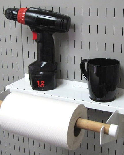 Wall Control Pegboard Organizer 4 ft. Metal Pegboard Standard Tool Storage Kit & Pegboard Paper Towel Holder and Dowel Rod Pegboard Shelf Assembly for Pegboard and Slotted Tool Board – White