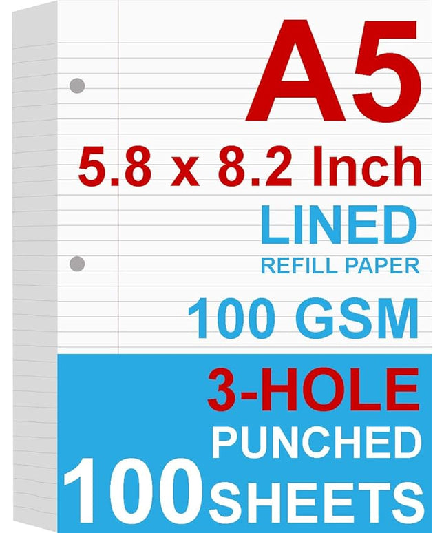 A5 Filler Paper, 3 Hole Planner Refills, Organizer, Loose-leaf Binder Paper, 100 Sheets/200 Pages, Lined, 100gsm, White, 5.8 x 8.2 Inch, 3 Hole Filler Paper, Mini Binder Refill Inserts