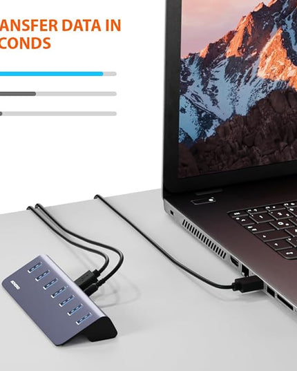 Achoro 7 Ports Powered USB HUB – 2nd Generation 10GB Super Speed External Ports – USB 3.2 Aluminium USB for Computer, Mac, PCs, Smartphone & Tablets – Computer Multiple USB A & C Hub
