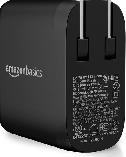 Amazon Basics 36W Dual Port USB-C Wall Charger with Power Delivery, Foldable Plug, for Tablets & Phones (iPhone 15/14/13/12/11/X, iPad, Samsung, and More), Non-PPS, 2.34 x 2.21 x 1.09 inches, Black