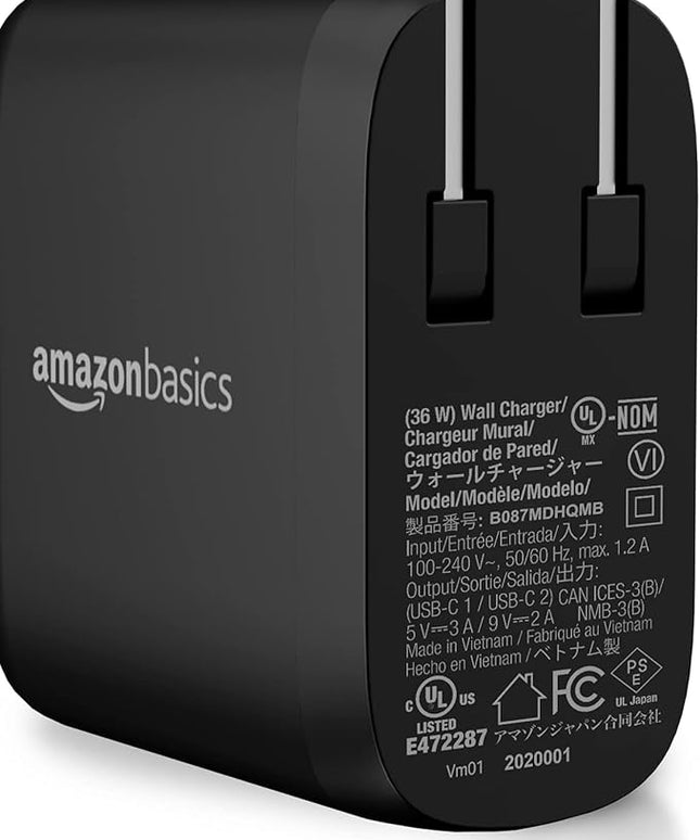Amazon Basics 36W Dual Port USB-C Wall Charger with Power Delivery, Foldable Plug, for Tablets & Phones (iPhone 15/14/13/12/11/X, iPad, Samsung, and More), Non-PPS, 2.34 x 2.21 x 1.09 inches, Black