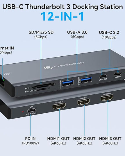 DGYBDFC USB C Laptop Docking Station 3 Monitors 100W PD 4K60Hz 12 in 1 Triple HDMI Docking Station Dual Monitor USB C Hub Multiple Adapter, 2xUSB-C 3.2, 2xUSB-A 3.0, SD Card Slot, 1000Mbps Ethernet