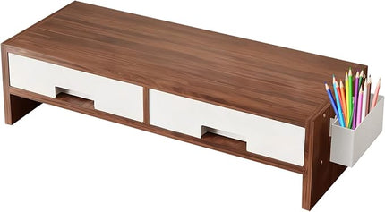 Desk Monitor Stand Riser - Double Drawer Organizer, Ergonomic Adjustable Shelf, Durable Wooden Desktop | Space-Saving Computer Accessory for Home Office Study and Bedroom Setup