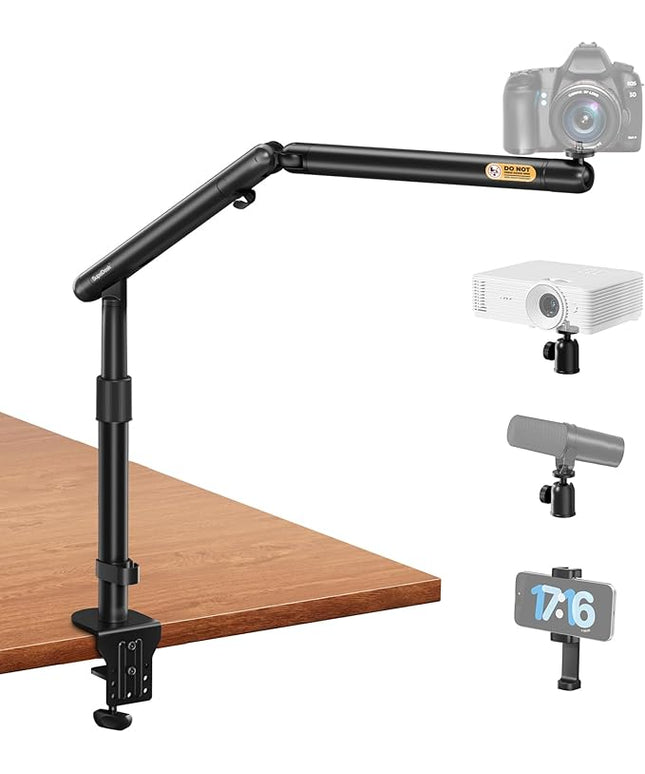 Overhead Camera Mount, Adjustable Desk Mount with Flexible Aluminum Spring Arm, 360° Ball Head, 1/4" 3/8" Screw & Phone Clamp for DSLR Cameras, Light, Heavy Microphones, and Smartphones