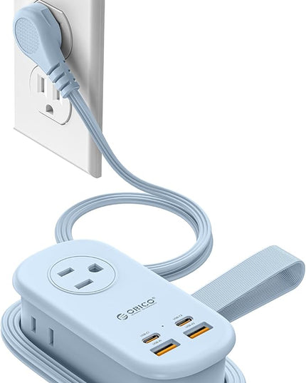 ORICO 65W GaN Travel Power Strip with 7-in-1 Charging Ports (3 AC Outlets/2 USB-A/2 USB-C), Flat Plug and 4FT Extension Cord, Fast Charger for MacBook Pro/Air, iPad Pro, iPhone 17/16/15- AP3