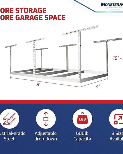 MonsterRax 4x8 Overhead Garage Storage Rack Frame Kit - Hanging Storage Shelves, Garage Ceiling Storage Rack System, Ceiling Shelving - (Hammertone, Adjustable 18"-33")