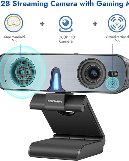 ROCWARE RC28 1080P 60FPS Webcam with Dual Microphones | Cardioid & Omnidirectional Pickup, Hi-Fi Sound, AI Noise Cancellation & Raw Audio Modes for Streaming, Video Calls & Studio-Quality Recording