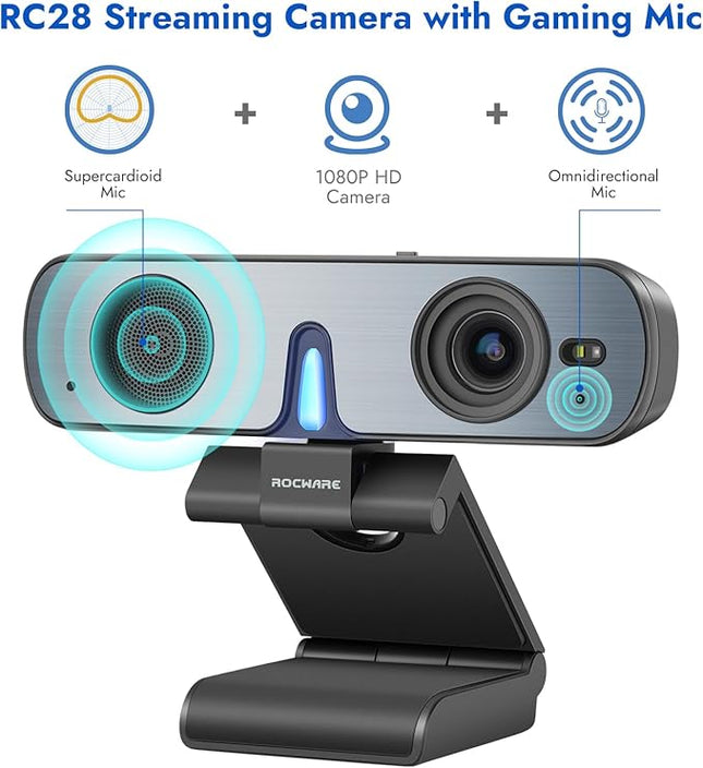 ROCWARE RC28 1080P 60FPS Webcam with Dual Microphones | Cardioid & Omnidirectional Pickup, Hi-Fi Sound, AI Noise Cancellation & Raw Audio Modes for Streaming, Video Calls & Studio-Quality Recording