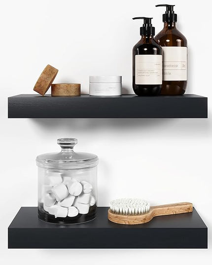 Homeforia 16 inch Black Floating Shelves, High End Solid Real Wood 16inch Bathroom Floating Shelves for Wall Mounted, 16in Wooden Small Floating Shelf, Heavy Duty Bracket, 16 X 6.5 X 1.75 in, Set of 2
