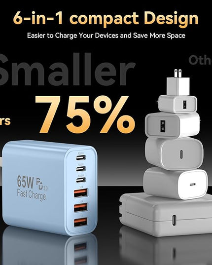 USB C Fast Charger Block, iPhone Charger Fast Charging Blocks 65W Multi Port Charger 6-Ports PD & QC Charging Cube Brick Power Adapter Type C Wall Chargers for iPhone 17/16/15/14/13/12 Pro Max, iPad