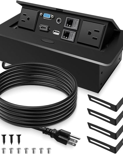 Pop Up Conference Table Power Outlet with 2 Power Sockets+2 RJ45+1 HDMI+1 USB+1 VGA and 1 Audio, Embedded Table Hub Data Center Connectivity Box with 9.8FT Power Cord for Conference Desk