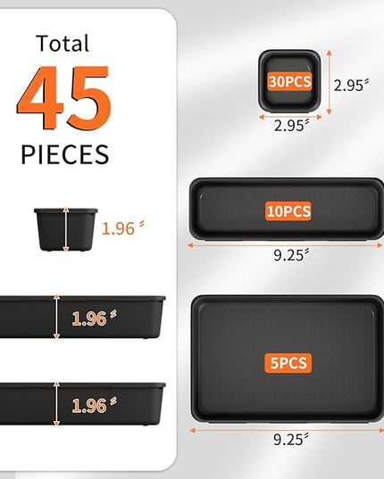 Giklux 45 Pack Desk Drawer Organizer Tray, 3 Sizes Plastic Drawers Organizer Storage for Kitchen, Bathroom, Office, Vanity, Makeup, Utensils, Junk Drawer Organizer Bins, Gadget Trays for Organizing.