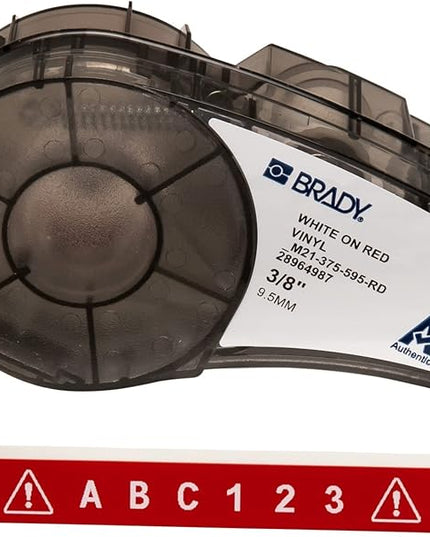 Brady Authentic (M21-375-595-RD) All-Weather Vinyl Label for Indoor/Outdoor ID, Lab and Equipment Labeling, White on Red- For M210, M210-LAB, M211, BMP21-PLUS and BMP21-LAB Printers, .375" W, 21' L