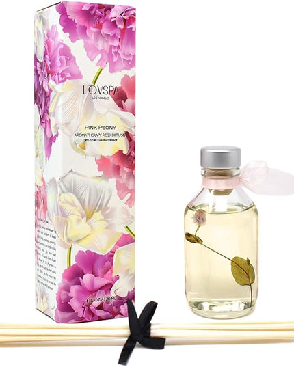 LOVSPA Reed Diffuser Set, Pink Peony Scented Oil Diffuser with Sticks, Home Fragrance Accessories for Bathroom Shelf Decor, Aroma Diffusers for Home or Office Desk, USA Made