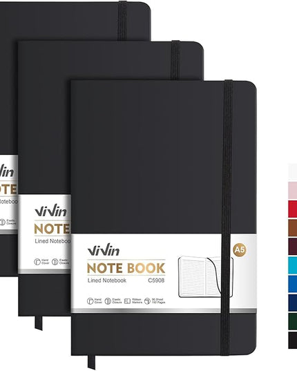 ViVin Lined Journal Notebooks for Work, 192 Pages, Medium 5.5 x 8.3 inch, College Ruled, A5 Hardcover Journaling Notebooks for Work, 3 Pack Bulk